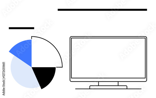 Computer monitor beside a blue, black, white, and light blue pie chart. Ideal for data analysis, business reports, technology discussions, educational content, statistical presentations graphic
