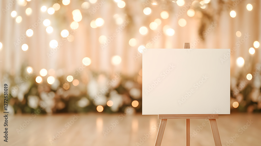Obraz premium A 36 x 24-inch empty prom welcome sign mockup displayed on a vintage-style wooden easel. The background showcases a dreamy prom setup with cascading string lights, delicate floral centerpieces, and a