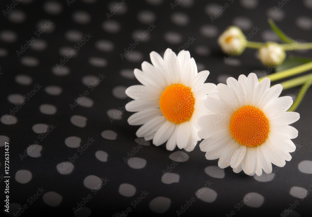Fototapeta premium Delicate White Daisies with Bright Orange Centers on a Polka Dot Background for Spring and Floral Themes