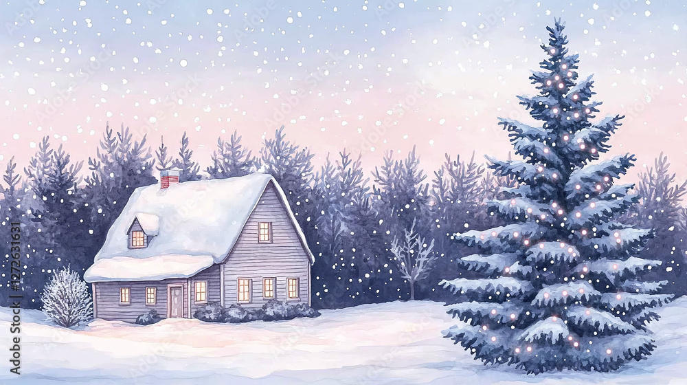 Winter Scene with Cozy Cabin and Christmas Tree Winter Scene with Cozy Cabin and Christmas Tree