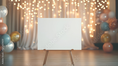 A blank 36 x 24-inch prom welcome sign mockup stands on a sleek wooden easel at the entrance of a decorated high school gym. The background glows with string lights, floating balloons, and shimmering