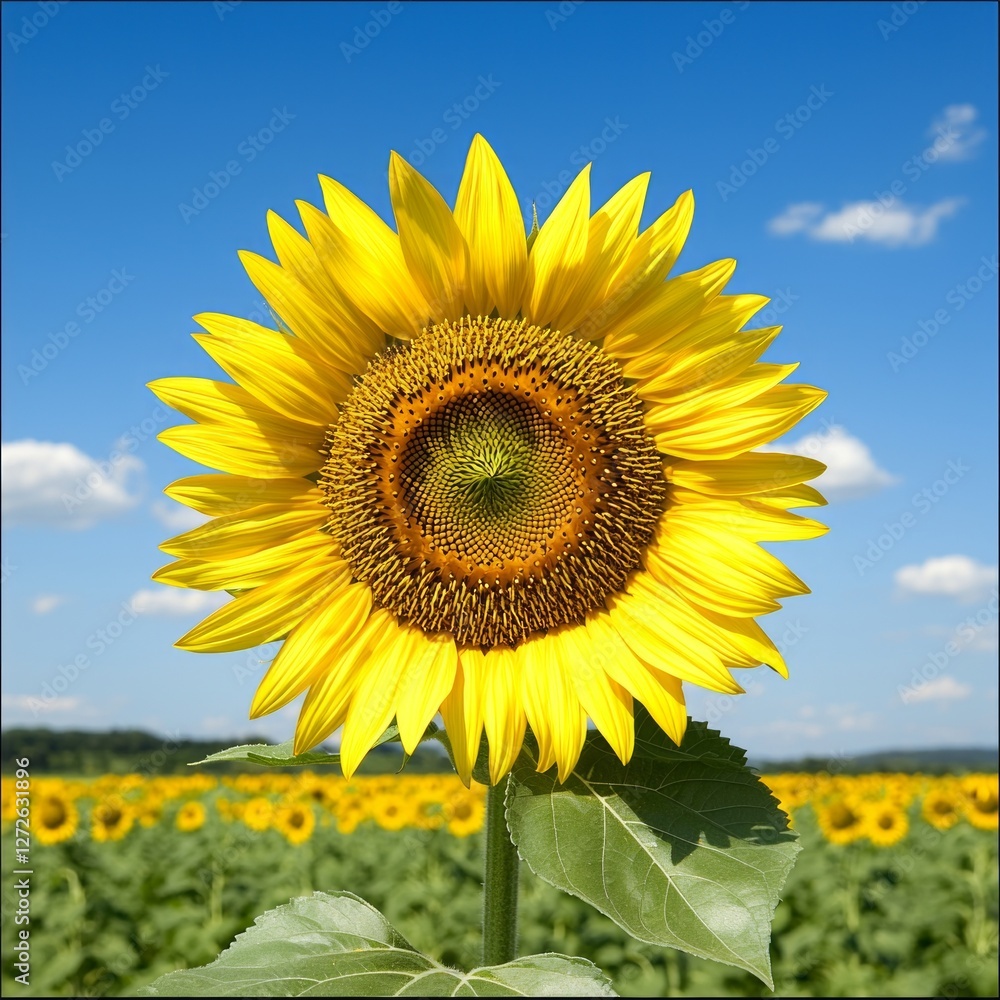 Vibrant sunflower standing tall in a sunny field under a clear blue sky Vibrant sunflower standing tall in a sunny field under a clear blue sky