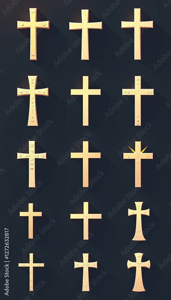 Golden Crosses Animated with Dramatic Shadows on Dark Background. A set of golden crosses with long shadows on a dark background. Golden Crosses Animated with Dramatic Shadows on Dark Background. A set of golden crosses with long shadows on a dark background.
