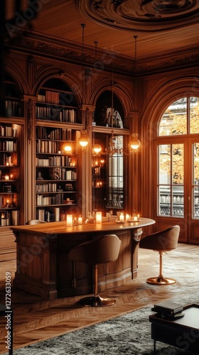 Elegant Wooden Library Bar Area With Warm Lighting