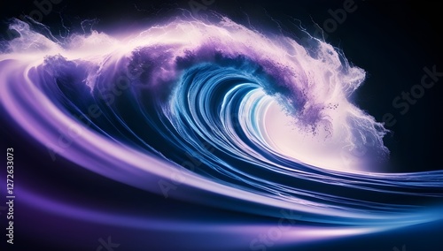A vibrant, swirling wave displays a gradient of purples and blues, creating a sense of dynamic motion. The lighting accentuates the frothy crest, imparting an ethereal atmosphere.