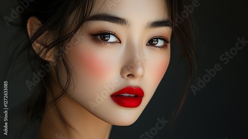 Wallpaper Mural A confident Asian woman with perfectly applied red lipstick, gazing directly into the camera, high-gloss studio lighting emphasizing her flawless complexion, bold and fearless expression, Torontodigital.ca