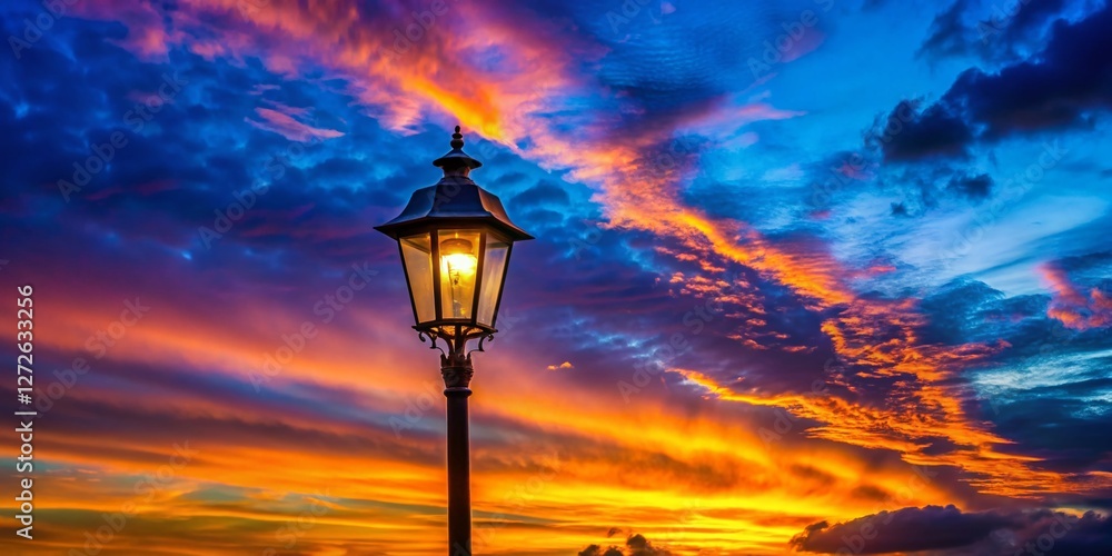 Streetlight Silhouette Vibrant Sunset Sky - Night Photography Stock Photo Streetlight Silhouette Vibrant Sunset Sky - Night Photography Stock Photo