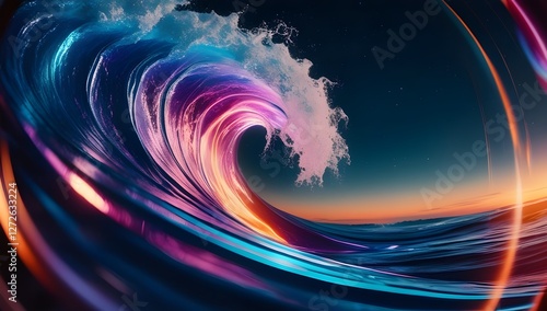 A vibrant, swirling wave captures a mix of colors, including pinks, blues, and purples, against a backdrop of a dusk or dawn sky. Light and motion are emphasized, adding a dynamic,  ethereal scene.