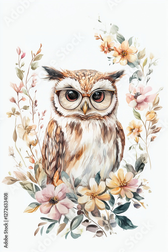 Coruja usando óculos em um fundo floral