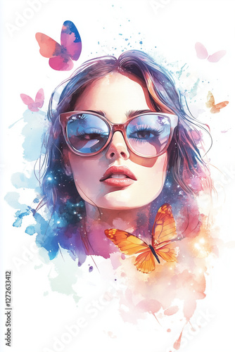 Ilustração aquarela,  o rosto de uma jovem  nerd de óculos com borboletas voando ao redor.