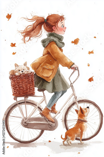 Menina andando de bicicleta com seu bichinho de estimação na cesta