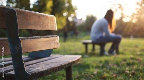 A solitary figure sitting on a park bench surrounded by greenery reflecting on life during sunset : Generative AI