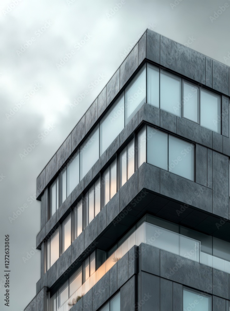 Modern architectural design of a contemporary building with glass windows against a cloudy sky backdrop Modern architectural design of a contemporary building with glass windows against a cloudy sky backdrop