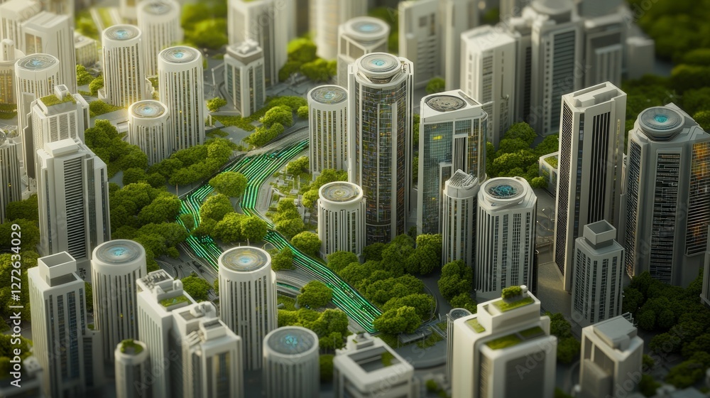 Obraz premium Futuristic Eco City Smart Buildings Green Spaces AI Technology