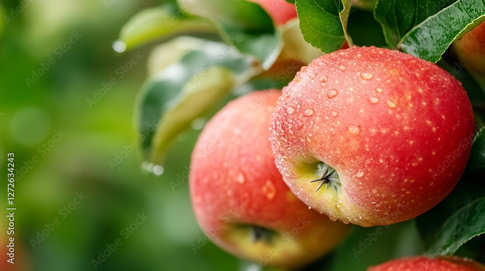 Obraz premium Fresh Red Apples with Water Droplets on a Lush Green Apple Tree : Generative AI