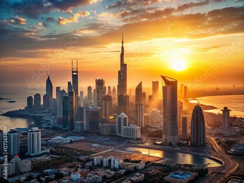 Stunning Aerial Sunset Panorama of Kuwait City Skyline, Hawalli City - Breathtaking Golden Hour Landscape photo