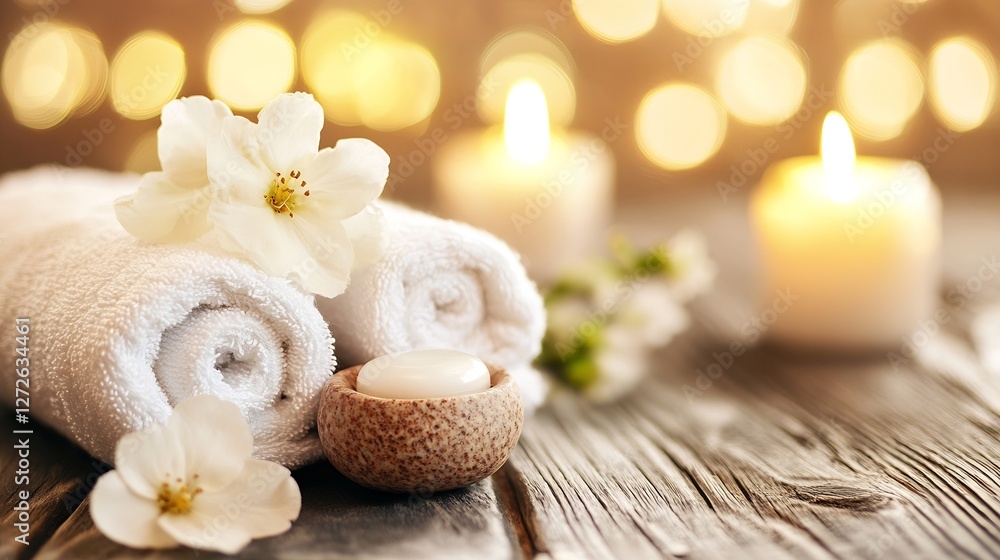 A serene spa setup featuring rolled white towels, candles, and delicate flowers enhancing relaxation and comfort : Generative AI A serene spa setup featuring rolled white towels, candles, and delicate flowers enhancing relaxation and comfort : Generative AI