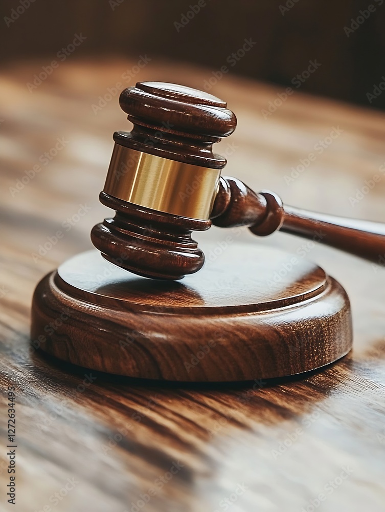 Classic Wooden Gavel on a Polished Desk Representing Justice and Legal Proceedings : Generative AI