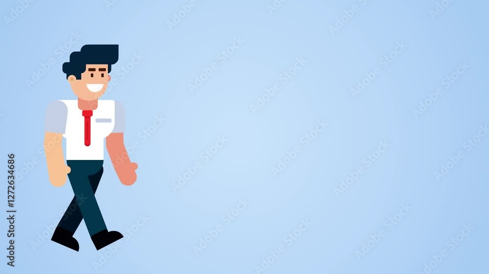 Animated Cartoon Businessman Walking with Urgency on Light Blue Background