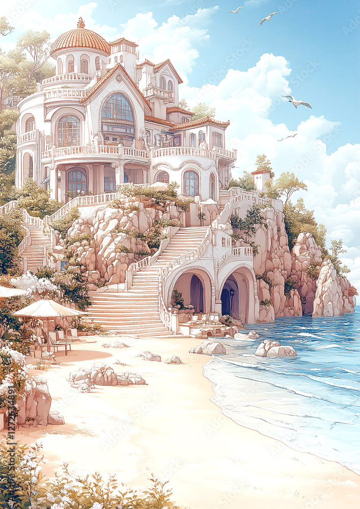 Naklejka premium Beautiful beach house with a stone staircase leading up to it. The house is surrounded by a lush green forest and a body of water. The scene is serene and peaceful, with the house