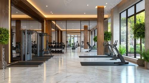 Luxury gym interior with marble flooring, high-end exercise machines, and a dedicated area for yoga and pilates, designed with warm lighting and modern decor, 4K ultra-realistic photo