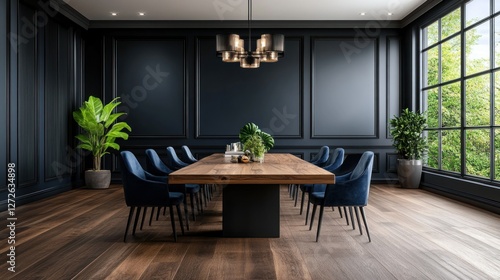 Luxury modern dining room with a long wooden table, velvet chairs, black chandelier, and subtle decor on a transparent background, 4K ultra-realistic photo