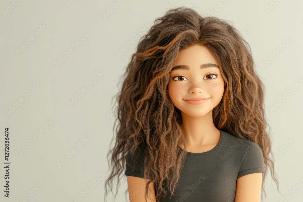 Fototapeta premium Charming animated character with long curly hair smiling against a soft pastel background in a casual outfit