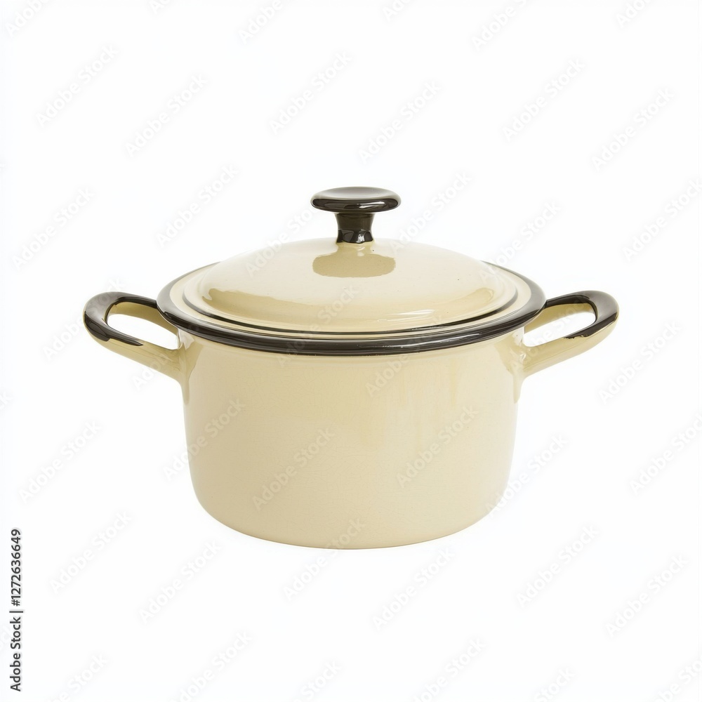 Classic cream-colored cooking pot with a lid and two handles. Classic cream-colored cooking pot with a lid and two handles.