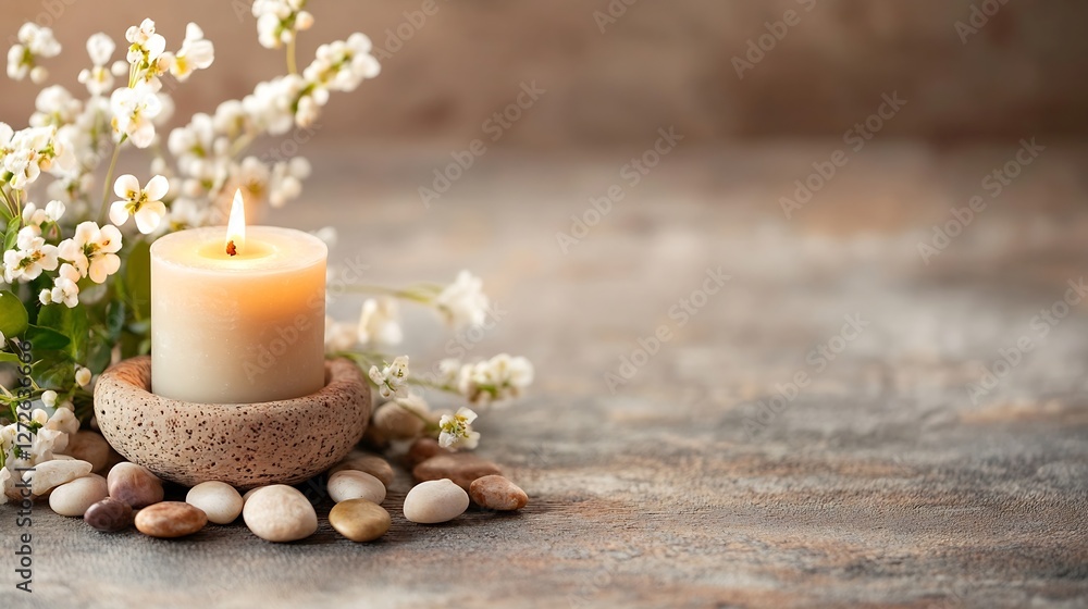 Relaxing Atmosphere with a Soothing Candle Surrounded by Stones and White Flowers : Generative AI Relaxing Atmosphere with a Soothing Candle Surrounded by Stones and White Flowers : Generative AI