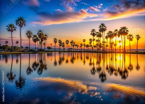 Stunning Mission Bay Sunset: Palm Tree Reflections in Calm Waters