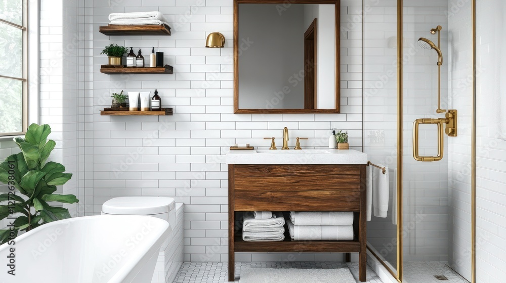 Small bathroom with a corner shower, white tiles, a floating wooden vanity, gold accents, and open shelves with bathroom essentials on a transparent background, 4K ultra-realistic photo
