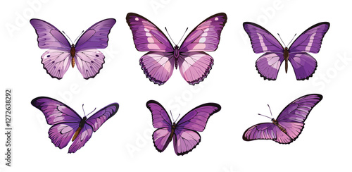 Purple butterflies set, violet, mauve, eggplant, mulberry purple, different angle view vector isolated on white background