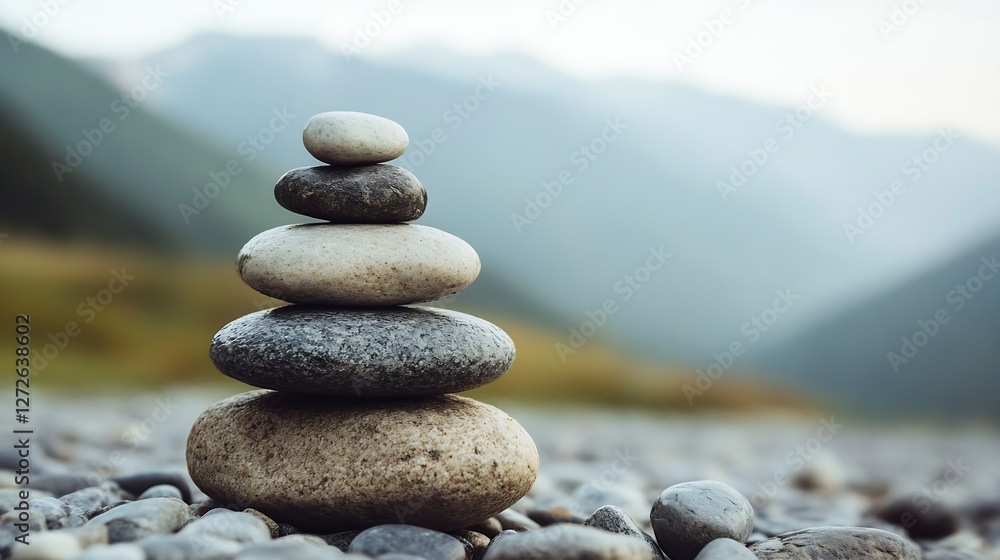 Stacked smooth stones symbolizing balance and tranquility in a peaceful natural setting : Generative AI Stacked smooth stones symbolizing balance and tranquility in a peaceful natural setting : Generative AI