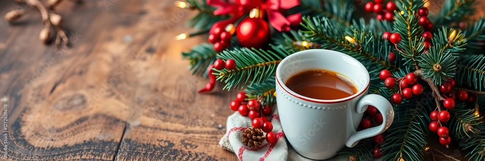 Gorgeous cup of steaming coffee next to a festive Christmas fir branch adorned with twinkling lights and red ornaments, festive, coffee, fir branch Gorgeous cup of steaming coffee next to a festive Christmas fir branch adorned with twinkling lights and red ornaments, festive, coffee, fir branch