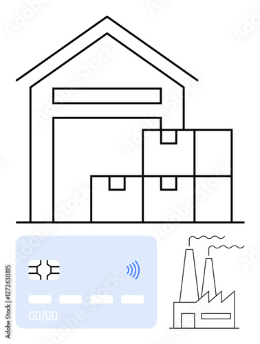 Outline of warehouse with boxes, credit card with NFC icon, and factory silhouette. Ideal for logistics, payment systems, production, supply chain, e-commerce, manufacturing fintech abstract line