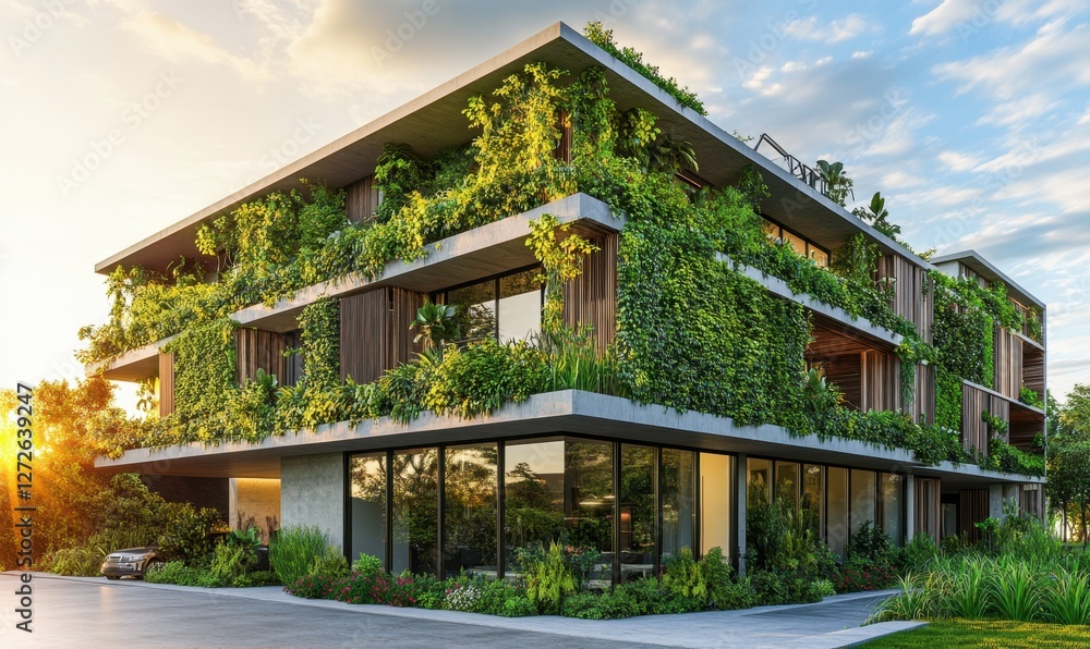 Modern eco-friendly building covered in greenery, surrounded by lush landscaping at sunset Modern eco-friendly building covered in greenery, surrounded by lush landscaping at sunset