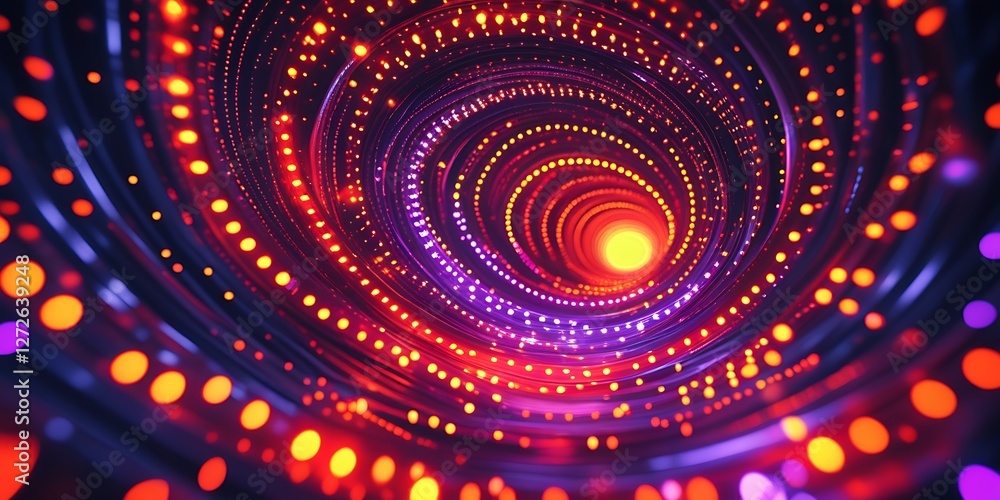 A mesmerizing tunnel of vibrant neon lights forming an endless spiral, creating a futuristic and cybernetic atmosphere. The glowing dots and reflections enhance the illusion of depth, making it feel l A mesmerizing tunnel of vibrant neon lights forming an endless spiral, creating a futuristic and cybernetic atmosphere. The glowing dots and reflections enhance the illusion of depth, making it feel l