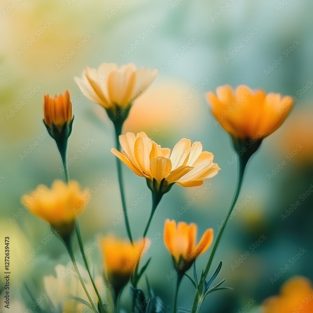 Bright Yellow Flowers Blooming in a Softly Blurred Garden Background, Capturing the Essence of Spring with Lively Petals and Gentle Warm Light Surrounding Nature's Beauty Bright Yellow Flowers Blooming in a Softly Blurred Garden Background, Capturing the Essence of Spring with Lively Petals and Gentle Warm Light Surrounding Nature's Beauty
