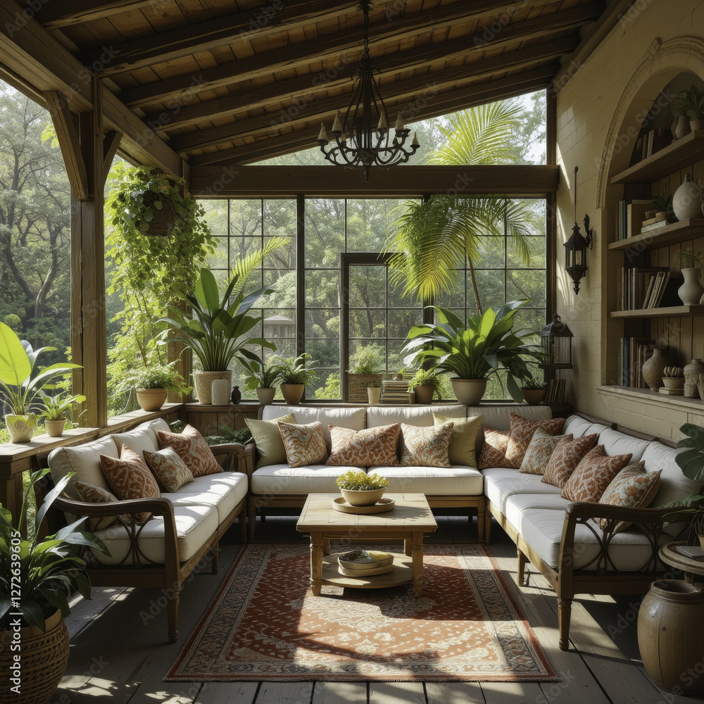 Fototapeta premium cozy sunroom with wooden furniture and lush green plants creates serene atmosphere. space is filled with natural light, highlighting patterned rug and decorative pillows