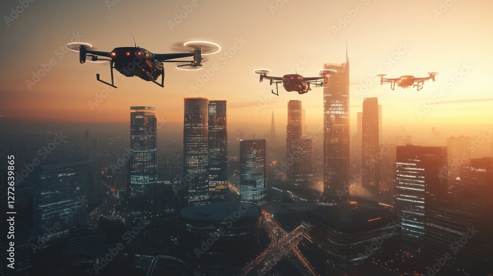 Futuristic Cityscape at Sunset with Drones Futuristic Cityscape at Sunset with Drones