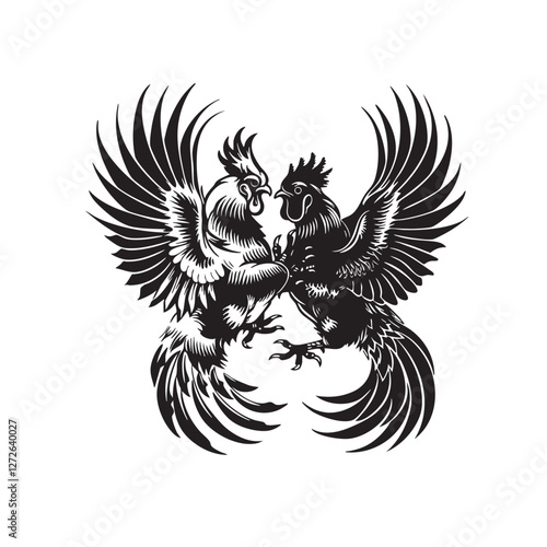 Vector of two roosters face off, vintage monochrome illustration. Dynamic pose, detailed feathers, bold contrast. Heraldic, symbolic, powerful.