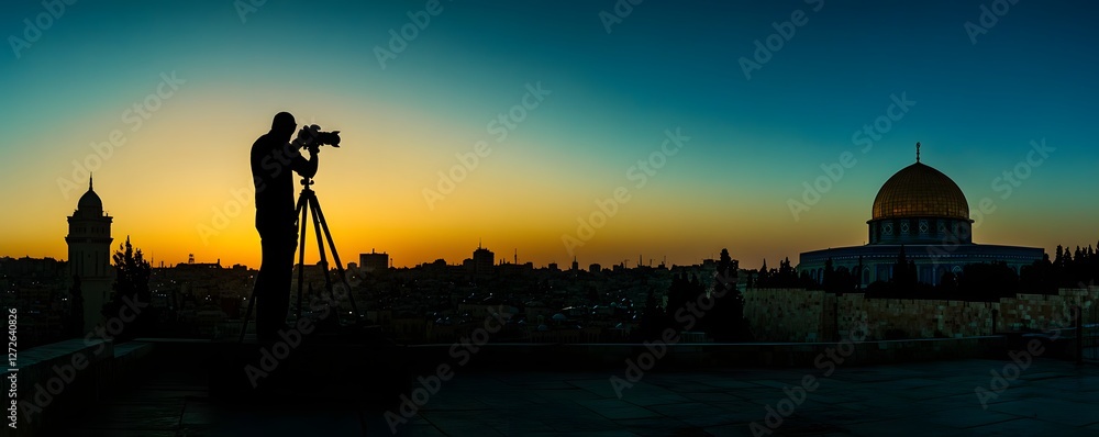 Obraz premium Silhouette of a photographer capturing the Dome of the Rock