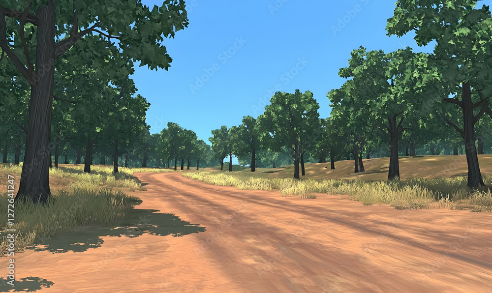 Dirt road through summer woodland. Background use for games Dirt road through summer woodland. Background use for games