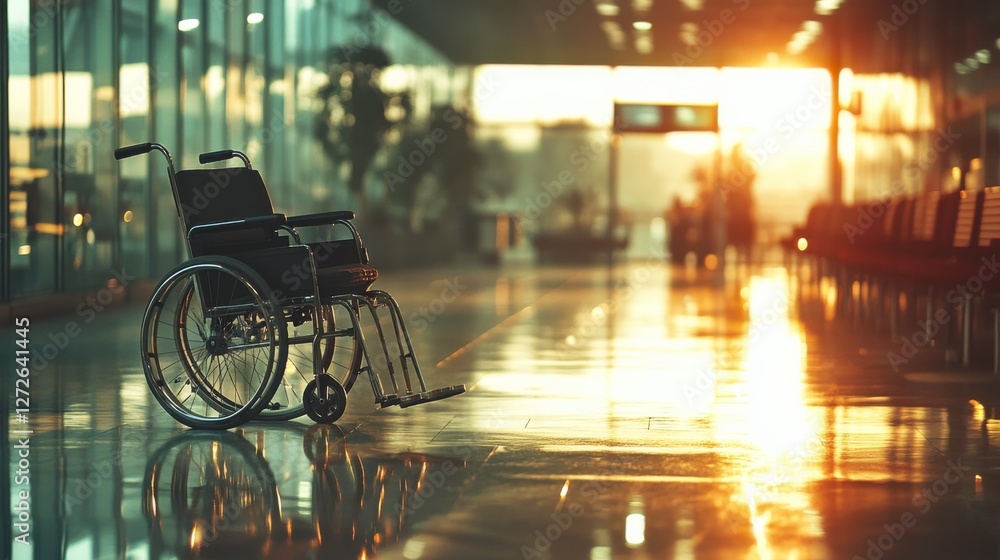 Empty wheelchair in modern terminal during sunset, soft lighting Empty wheelchair in modern terminal during sunset, soft lighting