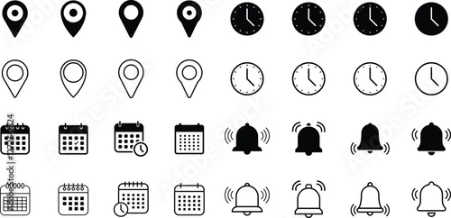 Set of location, time, calendar, and notification icon. Address, clock, date, notification concept button set isolated on white background