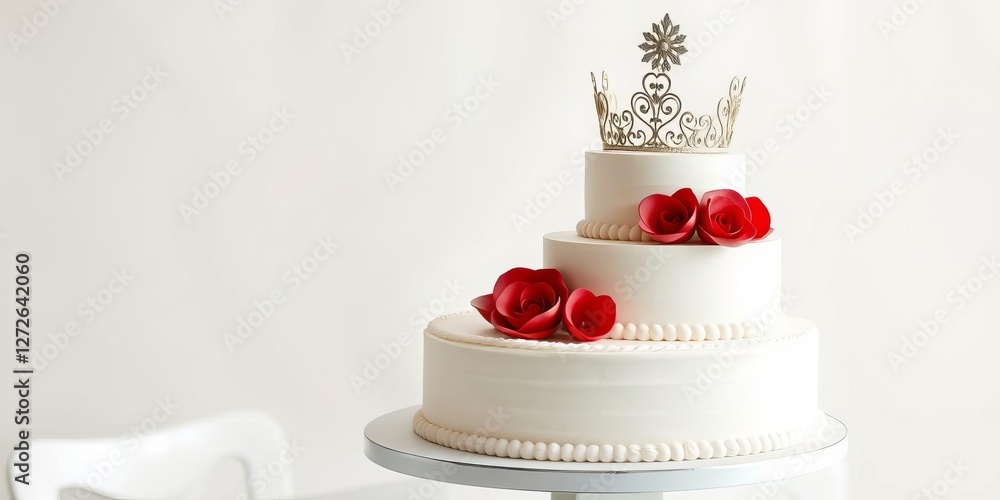Elegant three-tier wedding cake with red accents and decorative crown against soft dreamy background, dreamy, red accents, luxurious Elegant three-tier wedding cake with red accents and decorative crown against soft dreamy background, dreamy, red accents, luxurious