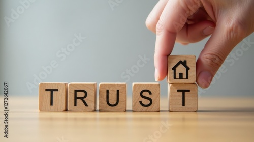 A hand places a house block next to the word 