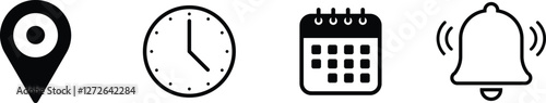 Location, Time, Date, and Notification Icon. Location icon for address of place. Clock icon to show business meeting time. Calendar to remind business schedule. Notification icon to remind