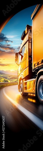 Dynamic truck driving at sunset scenic landscape transportation content vibrant outdoor environment action viewpoint photo