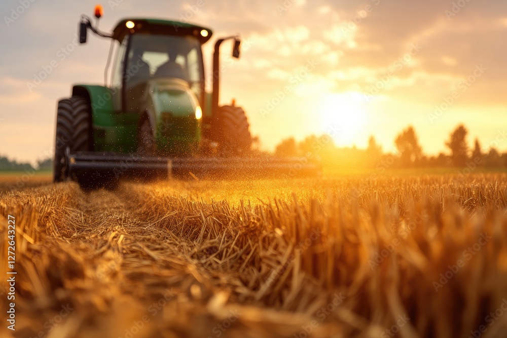 Modern Tractor Harvesting Wheat at Sunset in Vibrant Rural Landscape Modern Tractor Harvesting Wheat at Sunset in Vibrant Rural Landscape